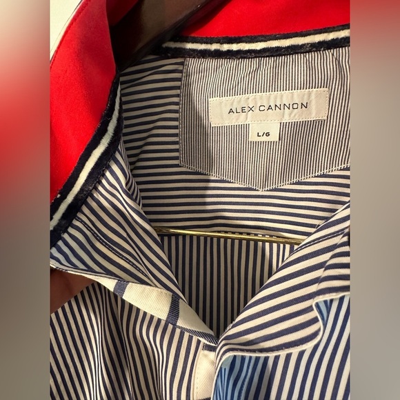 ALEX CANNON Blue White Stripe LG Button Down Contrast Cuffs Elbow Patches Cotton - Picture 4 of 16